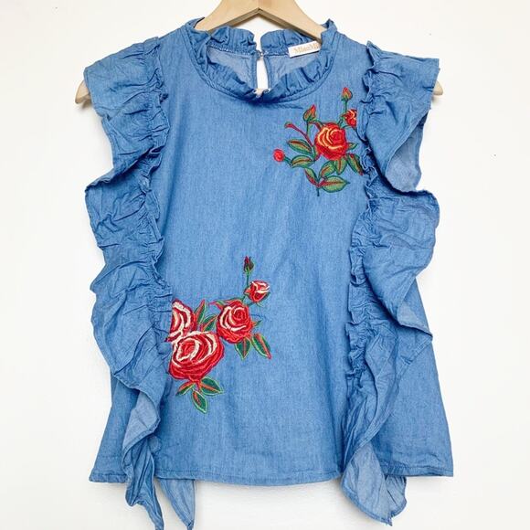 Miao Miao Chambray Floral Embroidered Ruffle Sleeve Women’s Size Small - Picture 1 of 13